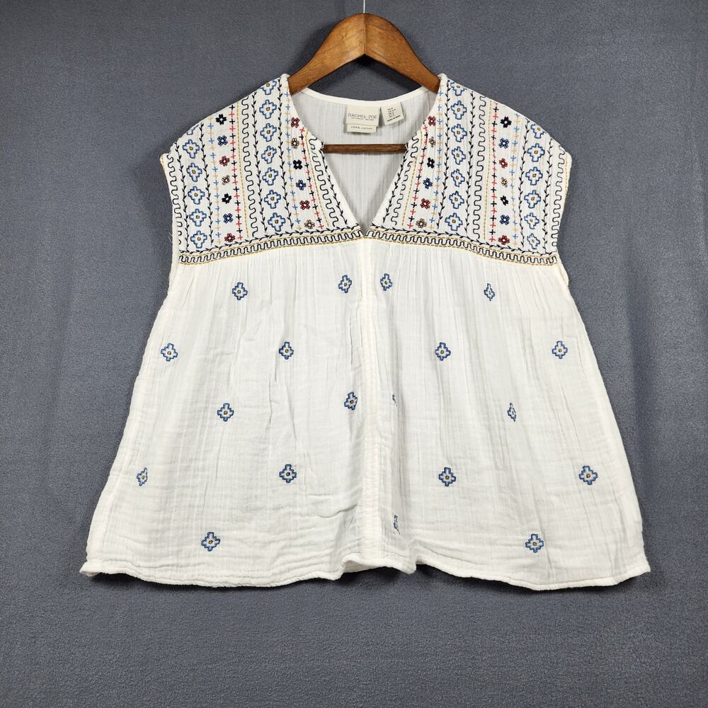 Rachel Zoe Womens Top Small White Cotton Embroidered Gauzy Boho Beach Lagenlook